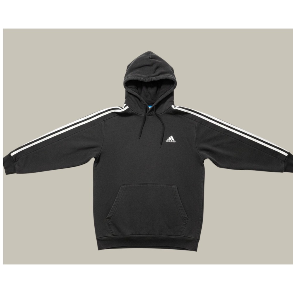 Adidas Hoodie Mens Small Black Essentials 3-Stripes Fleece Pullover Sweatshirt S